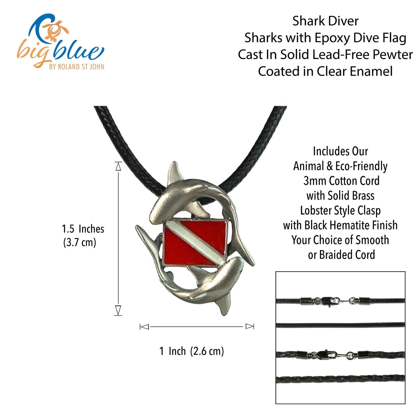 Shark Necklace with Dive Flag, Gifts for Divers, Shark Charm - 16" or 18" Big Blue by Roland St John