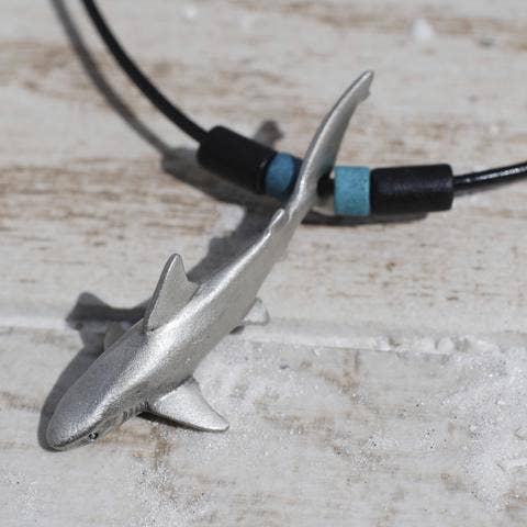 Pewter Reef Shark Necklace w/Beads on 16" Smooth Black Cord- Big Blue by Roland St John