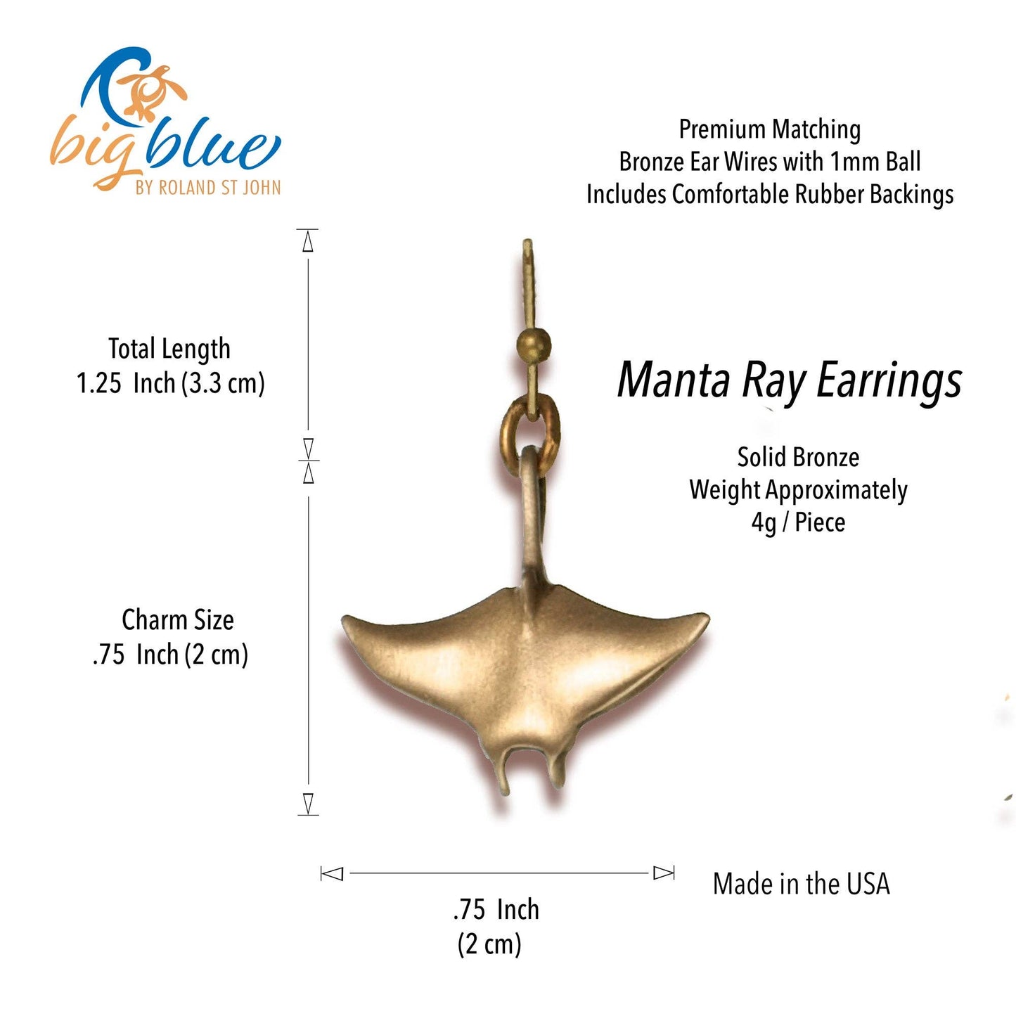 Bronze Manta Ray Drop Earrings- Big Blue by Roland St John