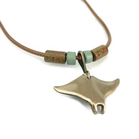 Realistic Bronze Manta Ray Necklace w/Beads on 16" Cord- Big Blue by Roland St John