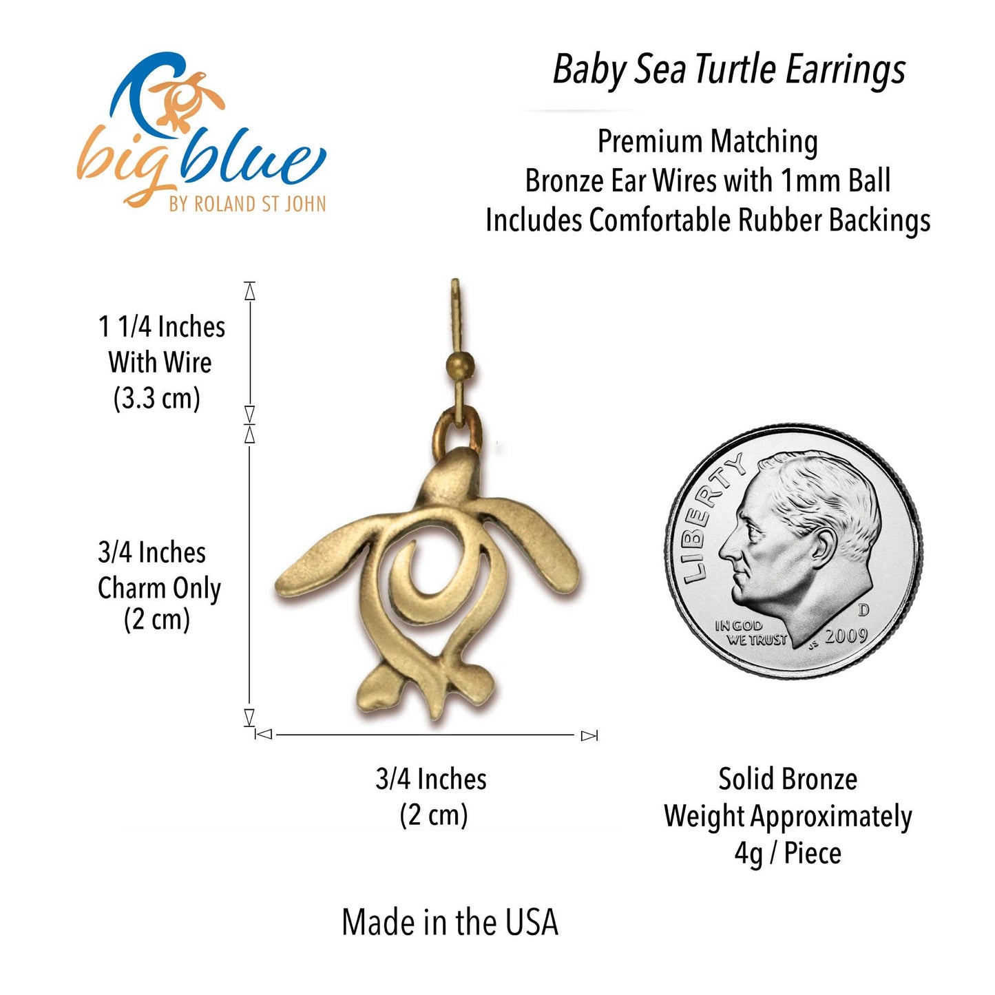 Big Blue by Roland St John - Bronze Turtle Drop Earrings for Women, Bronze Turtle Dangle Earrings, Honu Turtle Earrings for Women, Boho Jewelry, Bronze Jewelry