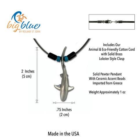 Pewter Reef Shark Necklace w/Beads on 16" Smooth Black Cord- Big Blue by Roland St John