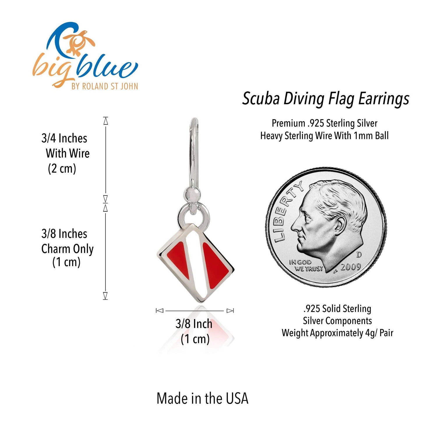 Dive Flag Earrings for Women Sterling Silver- Big Blue by Roland St John