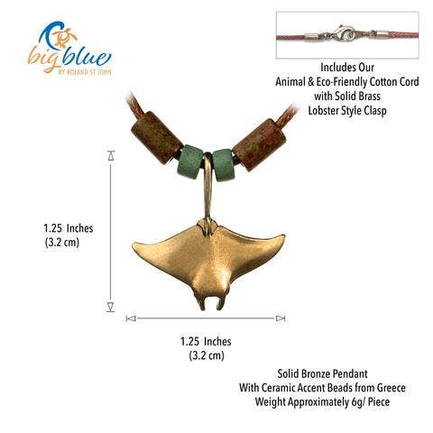 Realistic Bronze Manta Ray Necklace w/Beads on 16" Cord- Big Blue by Roland St John