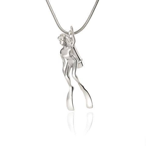 Sterling Silver Woman Scuba Diver Pendant on 18" Chain, Sterling Silver Female Scuba Diver Necklace- Big Blue by Roland St John