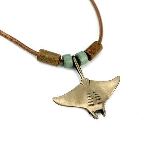 Realistic Bronze Manta Ray Necklace w/Beads on 16" Cord- Big Blue by Roland St John