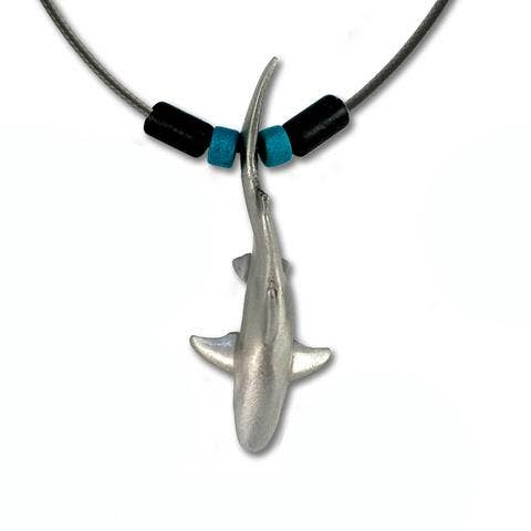 Pewter Reef Shark Necklace w/Beads on 16" Smooth Black Cord- Big Blue by Roland St John