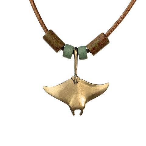 Realistic Bronze Manta Ray Necklace w/Beads on 16" Cord- Big Blue by Roland St John
